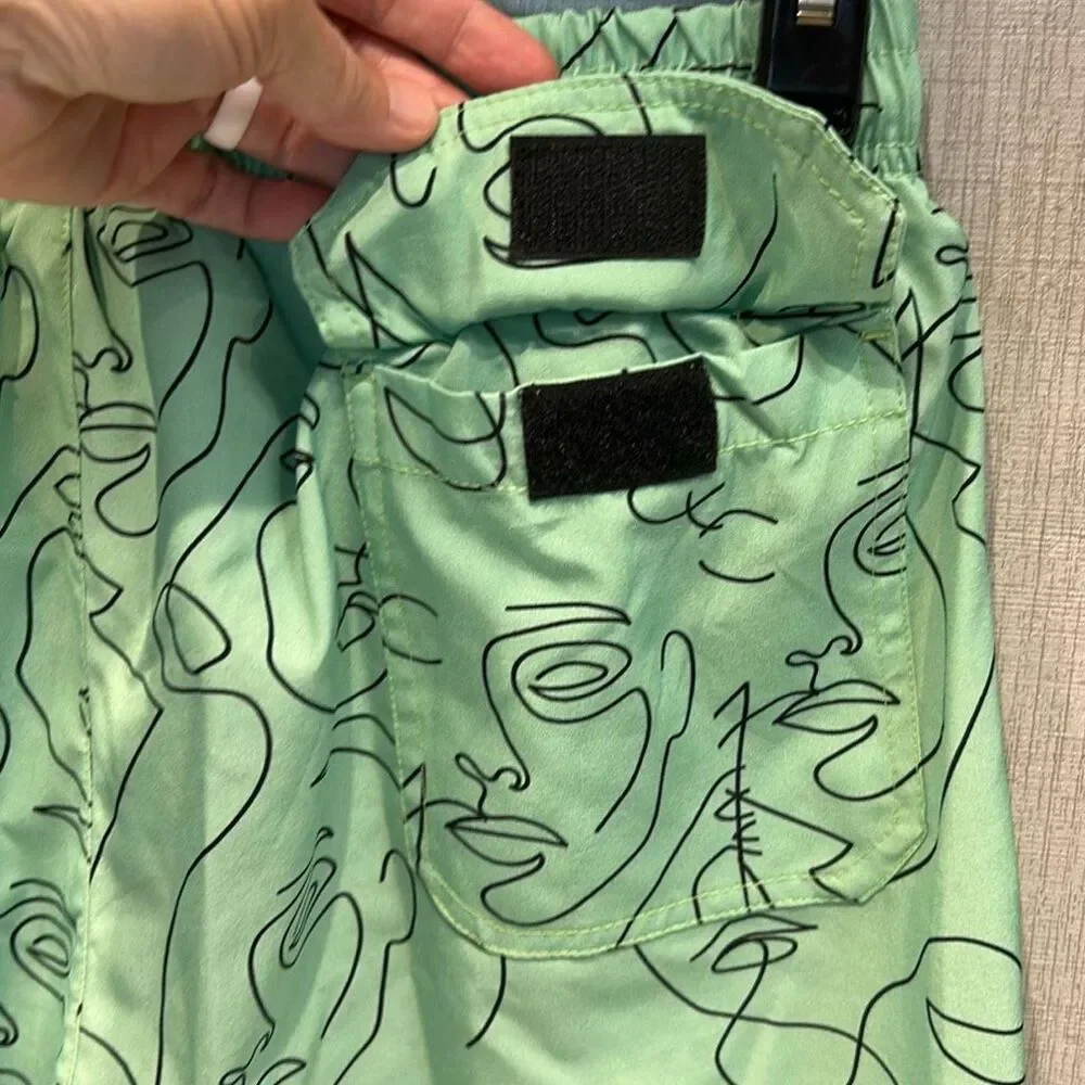 YoungLA Mint Green Abstract Face Line Art Swim Shorts Sz Large *NO MESH LINING*